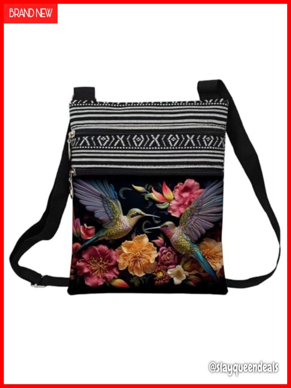 Floral Hummingbird Polyester Crossbody Bag Adjustable Strap Zipper